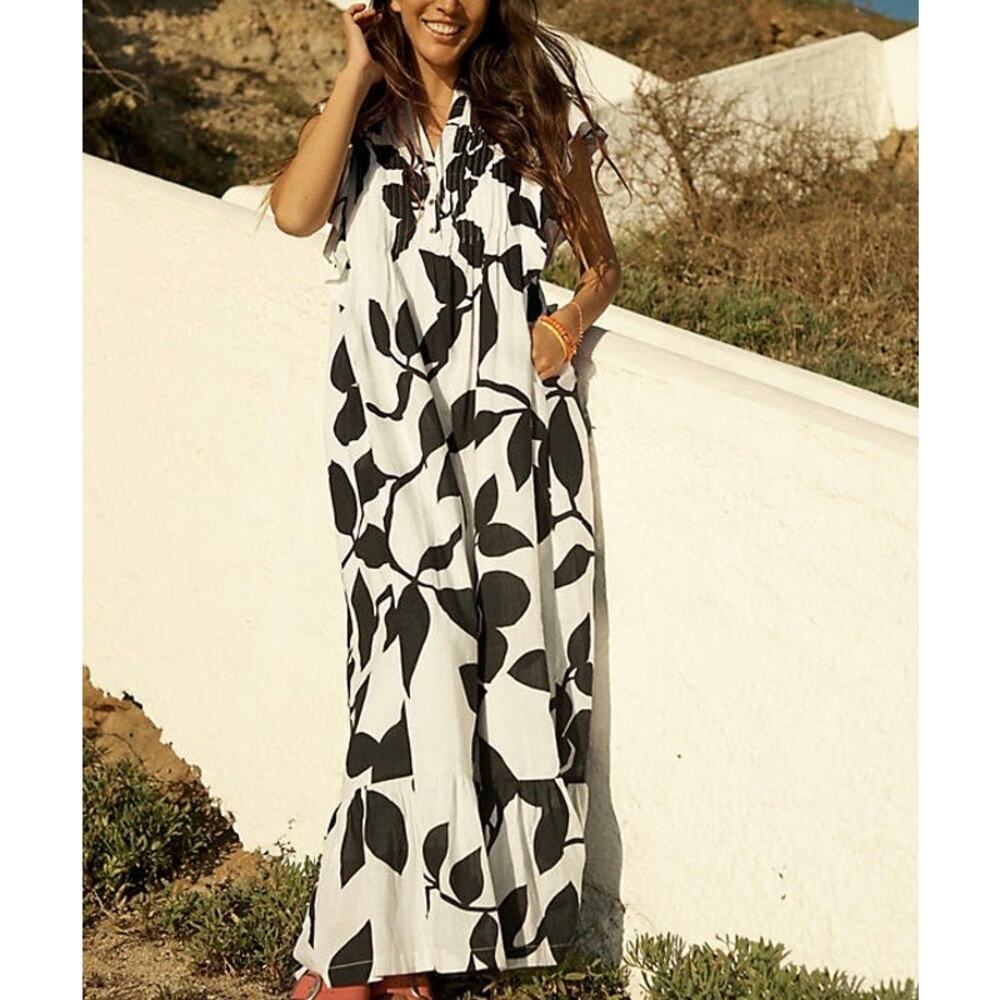 Anthropologie Maeve Cassandra Maxi Dress Black White Floral Size Small